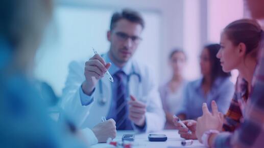 A stunning bokeh effect photography capturing a training class focused on adjusting insulin doses, featuring a Caucasian male doctor guiding parents. The overall theme is characterized by a soft blur and shallow d