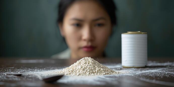 یک میز، روی میز یک مقدار پودر یک قوطی سفید و یک قاشق _پشت میز، یک خانم در حال نگاه کردن به پودر، و تفکر. خانم لاغر است