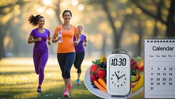 A stunning bokeh effect photograph, with a shallow depth of field and soft blur, depicting a close-up of several people exercising in a sun-dappled park. Two individuals are jogging, wearing vibrant purple and ora