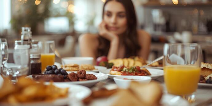 یک میز، انواع و اقسام غذاها و برای صبحانه هست_پشت میز، یک خانم خیلی لاغردر حال نگاه کردن به غذاهاست و میخواد انتخاب کنه کدومو میل کنه