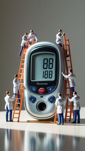 himsical macro of a glucometer , surrounded by tiny miniature DOCTORS in white uniforms 'working' on the glucometer with ladders and tools. Shallow depth of field, tabletop set, soft neutral backdrop, museum (2)